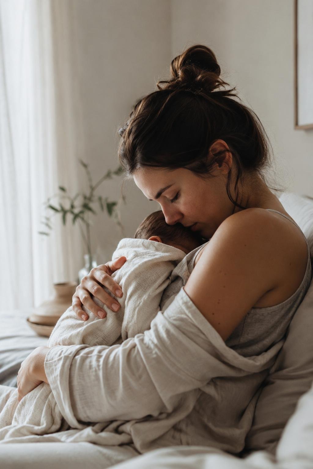 Mãe a segurar o bebé no pós-parto
